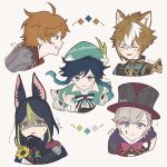  ? animal_ears blood blood_on_face blue_hair braid brown_hair clenched_teeth closed_eyes closed_mouth dog_boy dog_ears flower fox_boy fox_ears genshin_impact gloves gorou_(genshin_impact) green_headwear grey_hair hat hat_flower highres japanese_clothes lyney_(genshin_impact) male_focus multicolored_hair multiple_boys orange_hair parted_lips pumu_(pumu_co29) shaded_face simple_background tartaglia_(genshin_impact) teardrop_facial_mark teeth tighnari_(genshin_impact) top_hat twin_braids venti_(genshin_impact) white_flower white_hair yellow_flower 