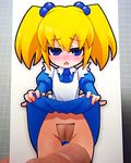 1girl bangs blonde_hair blue_eyes blush cutout hair_bobbles hair_ornament looking_at_viewer male_hand nasos necktie no_panties open_mouth original photo pussy short_twintails skirt skirt_lift twintails uncensored when_you_see_it 