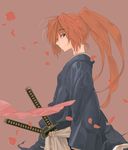  hakama himura_kenshin japanese_clothes katana long_hair male_focus petals ponytail red_hair rurouni_kenshin samurai scabbard sheath sheathed smile solo sword weapon yuuki_(irodo_rhythm) 