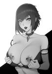  1girl bare_shoulders bra brassica breasts breasts_out choker cleavage collarbone commission detached_sleeves fishnet_sleeves greyscale large_breasts lips mole mole_under_eye monochrome nipple_piercing nipples original parted_lips piercing scar scar_across_eye short_hair solo strap_slip underwear upper_body 