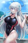  1girl absurdres amamiya_kure black_one-piece_swimsuit blue_archive blue_sky breasts building competition_swimsuit covered_navel day grey_hair halo headgear highleg highleg_swimsuit highres huge_breasts looking_at_viewer mechanical_halo noa_(blue_archive) one-piece_swimsuit one_eye_closed outdoors pool purple_eyes red_one-piece_swimsuit sky smile standing swimsuit two-tone_swimsuit 