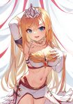  1girl :d arms_behind_head arpeggio_kaga bandeau blonde_hair blue_eyes breasts cassiopeia_(shingeki_no_bahamut) cleavage collarbone commentary_request crown elbow_gloves gloves granblue_fantasy hair_between_eyes hair_lift halterneck highres large_breasts lifted_by_self long_hair looking_at_viewer navel revealing_clothes side_slit signature simple_background smile solo white_gloves 