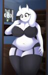 absurd_res anthro big_breasts boss_monster bovid bra breasts caprine cellphone cleavage clothed clothing electronics female foxsuo fur hand_on_hip hi_res holding_cellphone holding_object holding_phone legwear mammal mature_female mirror panties phone reflection selfie solo thick_thighs thigh_highs toriel undertale undertale_(series) underwear white_body white_fur
