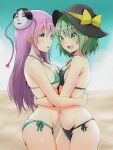  2girls asymmetrical_docking beach bikini black_bikini black_headwear blush breast_press breasts collarbone expressionless eyeball green_bikini green_eyes green_hair green_sky hat hata_no_kokoro heart heart_of_string highres komeiji_koishi kyanta5354 mask medium_breasts multiple_girls noh_mask open_mouth pink_eyes pink_hair plaid ribbon sand short_hair small_breasts smile swimsuit third_eye touhou yellow_ribbon 