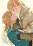  1boy 1girl adapted_costume blonde_hair blush couple earrings eye_contact face-to-face happy highres imminent_kiss jewelry light_smile link long_hair looking_at_another open_mouth pointy_ears ponytail princess_zelda seri_(yuukasakura) sidelocks smile the_legend_of_zelda the_legend_of_zelda:_breath_of_the_wild 