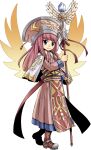  1girl blue_eyes boots brown_footwear dress full_body gate_of_nightmares hat highres holding holding_polearm holding_weapon long_hair lumina_(gate_of_nightmares) mashima_hiro official_art orange_wings pink_dress pink_hair polearm simple_background solo tachi-e transparent_background weapon 