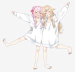  2girls arm_over_shoulder arm_up barefoot blonde_hair character_request commentary copyright_request eyes_closed gengorou grin hair_bun hair_flaps hug long_hair multiple_girls no_pants open_mouth pink_hair shirt side_bun smile soles standing standing_on_one_leg toes v virtual_youtuber white_shirt 
