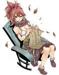  1girl blue_eyes breasts brown_footwear chair cleavage full_body gate_of_nightmares highres knitting large_breasts leaf looking_at_viewer mashima_hiro medium_breasts official_art pink_hair ponytail rocking_chair scarf shoes simple_background sitting solo sonia_(gate_of_nightmares) tachi-e transparent_background 