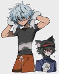  2boys ? animal_hat arms_up baozi black_headwear black_shirt blue_jacket cabbie_hat character_request closed_mouth cropped_legs cropped_torso drying eating food glasses green_hair grey_background grey_hair hair_between_eyes hat holding holding_food holding_towel inazuma_eleven_(series) jacket looking_at_viewer male_focus master_detective_archives:_rain_code multiple_boys orange_shorts pectorals red-framed_eyewear red_eyes round_eyewear sameyama_jiro shirt short_hair short_sleeves shorts simple_background standing sweat towel upper_body zilch_alexander 
