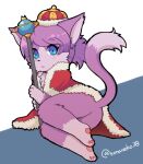 :&lt; abstract_background ambiguous_gender anthro artist_name blue_eyes butt clothing crown domestic_cat felid feline felis fur fur_trim_(clothing) hair headgear holding_object holding_weapon kemono knees_pulled_up looking_at_viewer lying mammal multicolored_body multicolored_fur pawpads purple_body purple_fur purple_hair red_clothing red_robe robe scepter short_hair solo toraneko38 two_tone_body two_tone_fur weapon