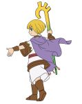  05a7w 1girl blonde_hair boots cape closed_mouth full_body golden_sun green_eyes highres holding holding_staff looking_at_viewer sheba_(golden_sun) short_hair simple_background smile solo staff white_background 