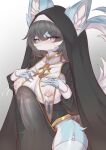 anthro big_penis bluepudding blush breasts canid canine canis clothing female genitals hair hi_res intersex legwear long_hair mammal milk musico_(character) nun nun_outfit penis shy solo stockings wolf