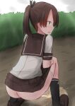  1girl absurdres ass black_collar black_skirt black_socks brown_hair collar highres kamaboko_senshi kantai_collection outdoors peeing ponytail school_uniform serafuku shikinami_(kancolle) skirt socks squatting white_serafuku 