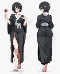  1girl ass barefoot black_eyes black_hair black_kimono bleach candy candy_apple closed_mouth english_commentary expressionless food full_body grey_background hair_between_eyes highres holding holding_candy holding_food japanese_clothes kimono kuchiki_rukia looking_at_viewer multiple_views rakeemspoon short_hair side_slit sketch 