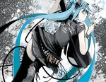  aqua_eyes aqua_hair bracelet from_behind guitar hatsune_miku headphones instrument jewelry jinbei long_hair looking_back solo thighhighs twintails very_long_hair vocaloid 