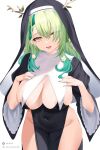  1girl blush breasts ceres_fauna earrings flower green_hair green_nails hair_flower hair_ornament highres hololive hololive_english jewelry large_breasts looking_at_viewer mole mole_under_eye nun oioi_ainomo simple_background smile solo virtual_youtuber wide_hips yellow_eyes 