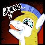  blue_eyes bueno creepy dialog drooling english_text equine friendship_is_magic fur hasbro hat helmet horse licking licking_lips male mammal me4waffle my_little_pony pony rape_face reaction_image royal_guard_(mlp) saliva smile solo spanish_text text tongue white_fur 