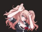  1girl arms_up black_background black_bra black_shirt blonde_hair bow bra breasts cleavage closed_mouth danganronpa:_trigger_happy_havoc danganronpa_(series) enoshima_junko frown green_eyes grey_necktie highres hy_(fjvlg) large_breasts nail_polish necktie red_bow red_nails shirt simple_background solo twintails underwear 