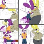 1:1 2019 anthro belly big_belly biped birne_granger city clothed clothed_anthro clothed_female clothing color_coded_text comic countershading detailed_background dialogue digital_drawing_(artwork) digital_media_(artwork) duo english_text female female_anthro front_view fur gloves gold_text handwear hi_res lagomorph leporid mammal markings obese obese_anthro obese_female outside overweight overweight_anthro overweight_female partially_colored purple_body purple_countershading purple_fur purple_markings purple_text rabbit rita_granger sibling_(lore) sidewalk simple_background sister_(lore) sisters_(lore) text thatoneaceguy toony urban weight_gain weight_loss white_background white_clothing white_gloves white_handwear yellow_body yellow_countershading yellow_fur yellow_markings