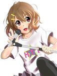  absurdres bad_id bad_pixiv_id brown_eyes brown_hair clothes_writing highres hirasawa_yui k-on! microphone microphone_stand pantyhose shirt short_hair solo t-shirt wafoo 