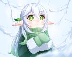  1girl :o blush braid branch chinese_commentary coat commentary_request fur-trimmed_coat fur_trim genshin_impact gloves green_coat green_eyes green_gloves green_hair grey_background hair_between_eyes hair_ornament hands_up leaf_hair_ornament looking_afar multicolored_hair nahida_(genshin_impact) outdoors parted_lips pointy_ears scarf sidelocks snow solo streaked_hair symbol-shaped_pupils upper_body white_hair zzt_(zztsama) 