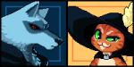 &lt;3 animated anthro blue_background canid canine canis cape clothing couple death_(puss_in_boots) digital_media_(artwork) domestic_cat dreamworks duo facial_markings felid feline felis fur gesture green_eyes grey_body grey_fur hand_heart hat head_markings headgear headwear icon l-eli_(artist) licking licking_lips looking_at_viewer male male/male mammal markings mask_(marking) one_eye_closed orange_background orange_body orange_fur pixel_(artwork) pixel_animation poncho puss_in_boots_(character) puss_in_boots_(dreamworks) red_eyes short_playtime simple_background smile tabby_cat tongue tongue_out wink wolf