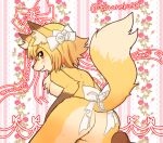 abstract_background accessory anthro blonde_hair blush bow_ribbon breasts butt canid canine chest_tuft female floral_background fluffy fox fur furgonomics gem hair hair_accessory hair_bow hair_ribbon jewelry kemono kneeling leg_markings looking_at_viewer looking_back mammal markings necklace nude orange_eyes pattern_background pearl_(gem) pearl_necklace ribbons short_hair side_boob signature simple_background smile socks_(marking) solo striped_background tail tail_accessory tail_bow tail_ribbon toraneko38 tuft yellow_body yellow_fur