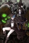  back_cutout bad_id bad_pixiv_id bikini_top black_hair black_rock_shooter black_rock_shooter_(character) blue_eyes blue_fire dead_master fire green_eyes horns iceky multiple_girls navel scar scythe shorts skull twintails wings 