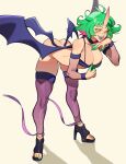  1girl :d absurdres ass bare_shoulders bent_over black_footwear breasts choker cleavage copyright_request detached_sleeves fang green_hair high_heels highres horns medium_hair pink_hair pink_thighhighs porqueloin shiny_skin single_horn skin-covered_horns smile solo standing thighhighs white_background wings yellow_eyes 