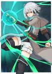  1boy ahoge belt black_thighhighs border casting_spell clenched_hand closed_mouth coat commentary_request eiyuu_densetsu eyelashes grey_coat grey_hair hair_between_eyes highres holding holding_phone kuro_no_kiseki male_focus outside_border phone quatre_salision red_eyes short_hair shorts solo thighhighs white_border white_shorts yurya_(pixiv_13056154) 