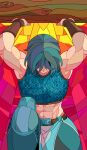  1girl abs armor belt blue_hair bracer chainmail covered_face fsnowzombie kneeling log loincloth looking_down muscular muscular_female runescape short_hair solo stained_glass sun 
