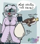 absurd_res anthro badger bodily_fluids clothing coat condom cum cum_drip cum_in_mouth cum_in_pussy cum_inside cum_on_face dialogue domestic_ferret dripping duo excessive_cum excessive_genital_fluids family_guy_death_pose female female/female femlumi_(fylumi) filled_condom fylumi genital_fluids gloves_(marking) grey_body hair happy hi_res holding_object lab_coat mammal markings mustelid musteline sexual_barrier_device talking_to_viewer text topwear true_musteline weasel white_hair