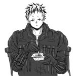  1boy closed_eyes colored_tips dorohedoro eating facial_mark food greyscale light_blush male_focus monochrome motion_lines multicolored_hair no_eyebrows noodles risu_(dorohedoro) solo to_(pixiv_34180059) tool_belt upper_body 