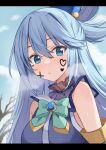  1girl absurdres aqua_(konosuba) aqua_bow aqua_bowtie bare_shoulders blue_eyes blue_hair blue_sky blush bow bowtie breasts breath commentary day facepaint hair_rings heart highres kono_subarashii_sekai_ni_shukufuku_wo! lisu long_hair looking_at_viewer medium_breasts outdoors parted_lips sky solo upper_body winter 