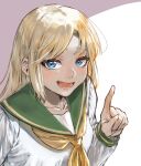  1girl 7th_stand_user :d blonde_hair blue_eyes blush commentary english_commentary female_protagonist_(7th_stand_user) green_sailor_collar hand_up index_finger_raised jojo_no_kimyou_na_bouken long_hair long_sleeves looking_at_viewer lower_teeth_only neckerchief open_mouth purple_background sailor_collar school_uniform serafuku shirt simple_background smile solo teeth two-tone_background upper_body white_background white_shirt yellow_neckerchief yoi_okayu 