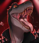 anthro bodily_fluids clothed clothing dinosaur facial_scar glistening glistening_eyes green_body grey_clothing grey_topwear looking_at_viewer male mouth_shot open_mouth orange_eyes pupils red_tongue reptile rocco_(tallion) saliva saliva_on_tongue saliva_string scalie scar sharp_teeth simple_background slit_pupils solo teeth tongue tongue_out topwear tsubelle