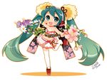  chibi flower full_body hatsune_miku headset leg_lift long_hair mao_yu midriff navel open_mouth simple_background skirt solo standing standing_on_one_leg thighhighs twintails very_long_hair vocaloid 