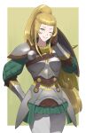  1girl armor belt blonde_hair border breastplate brown_gloves commentary commission english_commentary eyelashes faulds fire_emblem fire_emblem_engage gauntlets gloves green_background green_skirt hand_on_own_hip high_ponytail highres jade_(fire_emblem) leggings long_hair looking_at_viewer one_eye_closed outside_border pleated_skirt shou_illust shoulder_armor simple_background skirt smile solo standing teeth white_border white_leggings yellow_eyes 