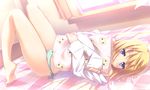  barefoot bed blonde_hair blush charlotte_dunois feet hitoguchi_(hioxhio) indoors infinite_stratos long_legs lying on_bed panties pillow pillow_hug purple_eyes shirt solo striped striped_panties underwear white_shirt window 