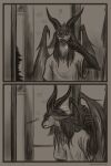 2_panel_comic anthro bovid brush brushing brushing_teeth caprine caprine_demon clothed clothing comic demon feathered_wings feathers fur goat goat_demon hair hi_res horizontal_pupils horn inside long_hair male mammal monochrome morlekh_(taraelblackwing) multicolored_body multicolored_fur narrowed_eyes pupils question_mark shadow shirt solo squint standing t-shirt taraelblackwing toothbrush topwear two_tone_body two_tone_fur wings