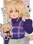  animal_ear_fluff animal_ears arm_up black_nails blonde_hair blue_skirt blush chibi chibi_inset closed_mouth cowboy_shot double-parted_bangs fang fingernails flipped_hair hand_up highres long_sleeves medium_hair miniskirt n_a_i_neko no_nose open_mouth outline paw_pose paw_print plaid plaid_background pleated_skirt puffy_long_sleeves puffy_sleeves purple_sweater shoes sidelocks simple_background skirt sweater tail tareme turtleneck turtleneck_sweater unusually_open_eyes urotsuki white_background white_outline wolf_ears wolf_girl wolf_tail yellow_eyes yume_2kki 