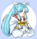  05a7w 1girl aqua_hair blue_eyes blue_hair breasts closed_mouth gloves golden_sun hair_ribbon highres long_hair looking_at_viewer mia_(golden_sun) ponytail ribbon robe smile solo white_gloves wide_ponytail 