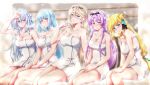  5girls agnes_claudel blue_eyes blunt_bangs blush bow braid breasts crown_braid double-parted_bangs eiyuu_densetsu elaine_auclair french_braid green_eyes hair_between_eyes hair_bow hair_bun half_updo highres kuro_no_kiseki large_breasts long_hair looking_at_viewer medium_breasts multiple_girls naked_towel renne_(eiyuu_densetsu) risette_twinings sauna shizuna_rem_misurugi sidelocks single_hair_bun sitting steam steaming_body sweat towel xiacheng_tatsuya yellow_eyes 