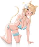  1girl animal_ear_fluff animal_ears arm_support bare_shoulders bikini black_choker blonde_hair blue_bikini blush bow bow_bikini breasts cat_ears cat_tail choker claw_pose cleavage dokimaru fangs flower frilled_bikini frills front-tie_top genshin_impact hair_between_eyes hair_flower hair_ornament highres kneeling large_breasts looking_at_viewer lumine_(genshin_impact) multi-strapped_bikini_bottom open_mouth short_hair short_hair_with_long_locks side-tie_bikini_bottom sidelocks simple_background solo swimsuit tail thigh_strap white_background white_flower yellow_eyes 