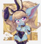 big_breasts big_ears blonde_hair blush breasts bunny_costume cleavage clothed clothing costume disanvelg fake_ears fake_rabbit_ears female hair hi_res humanoid humanoid_pointy_ears league_of_legends nervous pigtails pink_eyes playboy_bunny poppy_(lol) riot_games short_stack solo thick_thighs wide_hips yordle
