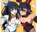  2girls absurdres animal_ears asymmetrical_docking bare_shoulders black_hair black_leotard blue_eyes blue_hair blush bow bowtie breast_press breasts breasts_apart brown_pantyhose cleavage clenched_teeth collarbone commentary detached_collar english_commentary fake_animal_ears fake_tail furrowed_brow hair_between_eyes heart highres kill_la_kill kiryuuin_satsuki large_breasts leotard long_hair looking_at_viewer matoi_ryuuko medium_breasts multicolored_hair multiple_girls nose open_mouth orange_background pale_skin pantyhose pillarboxed pink_background playboy_bunny porqueloin rabbit_ears rabbit_tail red_bow selfie sharp_teeth shiny_skin short_hair siblings sidelocks sisters smile strapless strapless_leotard streaked_hair tail teeth thick_eyebrows very_long_hair white_leotard 
