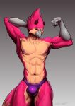 2024 abs absurd_res anthro avian biceps bird bulge clothed clothing corvid digital_drawing_(artwork) digital_media_(artwork) flexing_biceps gradient_background hand_behind_head hi_res horn jay_(bird) looking_away male multicolored_body muscular muscular_male nipples oscine passerine pecs pink_body pink_eyes purple_clothing purple_nipples purple_underwear shaded simple_background smile solo standing topless topless_male underwear za-owl