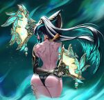  1girl aqua_hair ass bare_back black_hair cloud_retainer_(genshin_impact) colored_inner_hair commentary commentary_request cowboy_shot folding_fan genshin_impact hand_fan highres holding holding_fan lunart multicolored_hair solo standing streaked_hair thighs xianyun_(genshin_impact) 