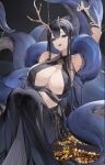  1girl absurdres azur_lane bandaged_arm bandages bare_shoulders black_dress black_hair blue_eyes breast_curtains breasts broken_horn center_opening chain choker cleavage dress flantia golden_hind_(azur_lane) highres horns jewelry mole mole_under_mouth necklace tentacles treasure 