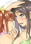  azuma_ren black_hair blush brown_hair closed_eyes copyright_request face hand_on_another's_head hands multiple_girls open_mouth smile swimsuit upper_body 